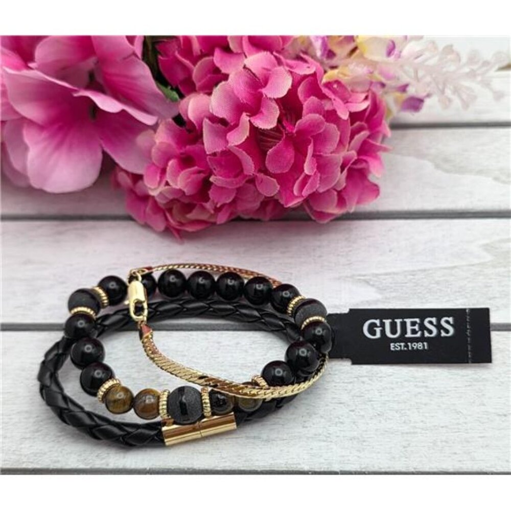 Guess Mens 3PC Bracelet Set Tiger's Eye Bead Leather Herringbone Chain 7 In